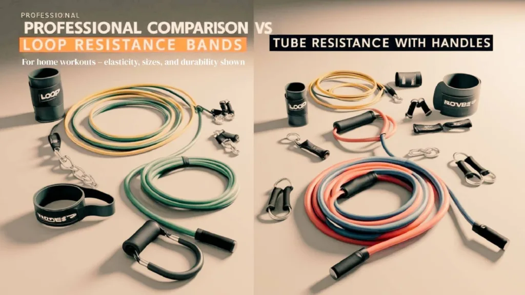 Professional comparison of loop resistance bands vs tube bands with handles for home workouts – elasticity, sizes, and durability shown.