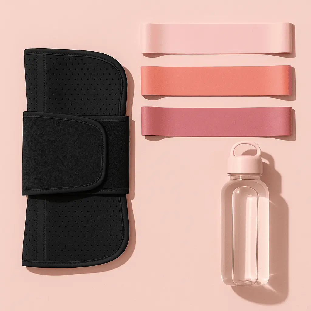 Flat-lay-of-a-waist-trainer-belt-resistance-bands-and-a-water-bottle