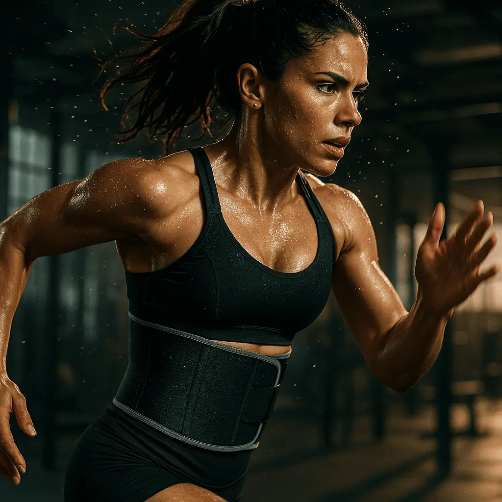 An athletic woman running in a gym wearing a waist trimmer belt